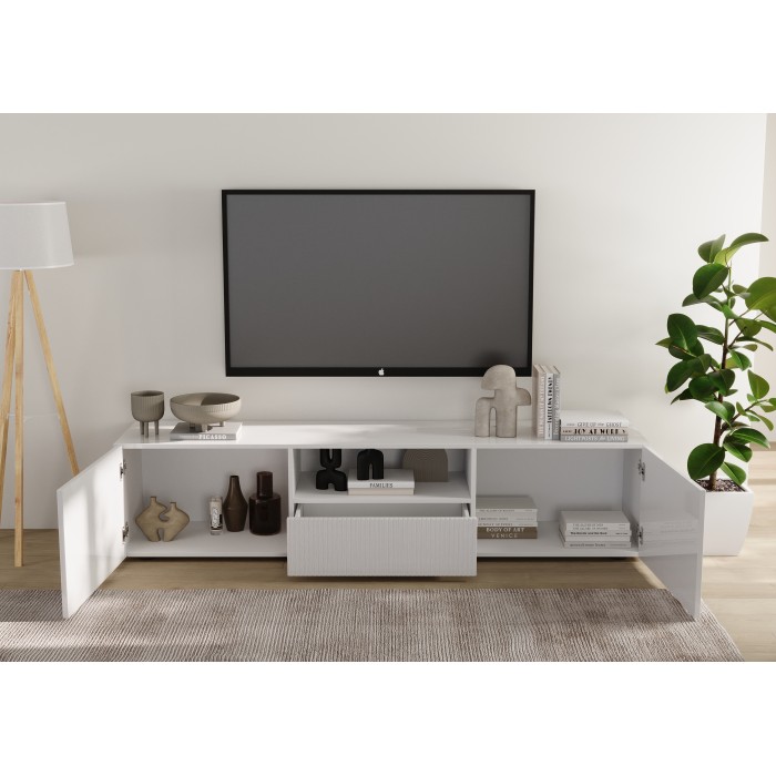 Meuble TV SCENA 2 portes 1 tiroir blanc laqué ouvert mis en situation dans un décor 3D