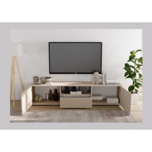 Meuble TV SCENA 2 portes 1 tiroir cachemire ouvert mis en situation dans un décor 3D