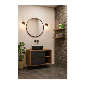 Ensemble meuble sous vasque GABI 100 cm avec vasque à poser ronde noire et blanche