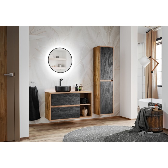 Ensemble de salle de bain GABI – Meuble sous vasque 100 cm + vasque ronde + miroir LED + colonne