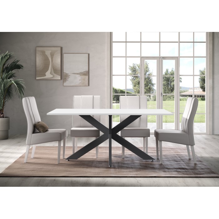 Table GWEN blanc laqué dans un décor 3D sous un autre angle