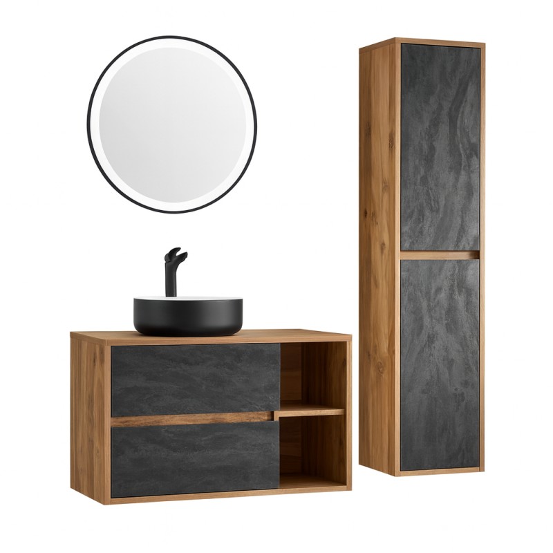 Ensemble de salle de bain GABI – Meuble sous vasque 100 cm + vasque ronde + miroir LED + colonne