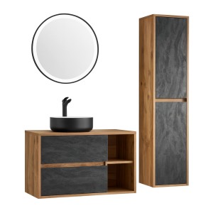 Ensemble de salle de bain GABI – Meuble sous vasque 100 cm + vasque ronde + miroir LED + colonne