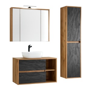 Ensemble de salle de bain GABI – Meuble sous vasque 100 cm + vasque + armoire miroir LED + colonne