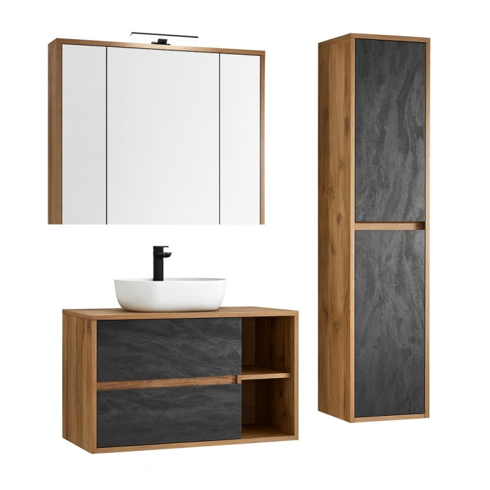 Ensemble de salle de bain GABI – Meuble sous vasque 100 cm + vasque + armoire miroir LED + colonne
