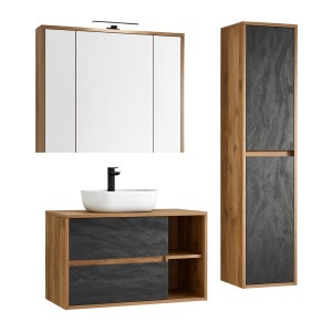 Ensemble de salle de bain GABI – Meuble sous vasque 100 cm + vasque + armoire miroir LED + colonne