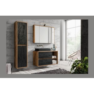 Ensemble de salle de bain GABI – Meuble sous vasque 100 cm + vasque rectangulaire noire + armoire miroir LED + colonne