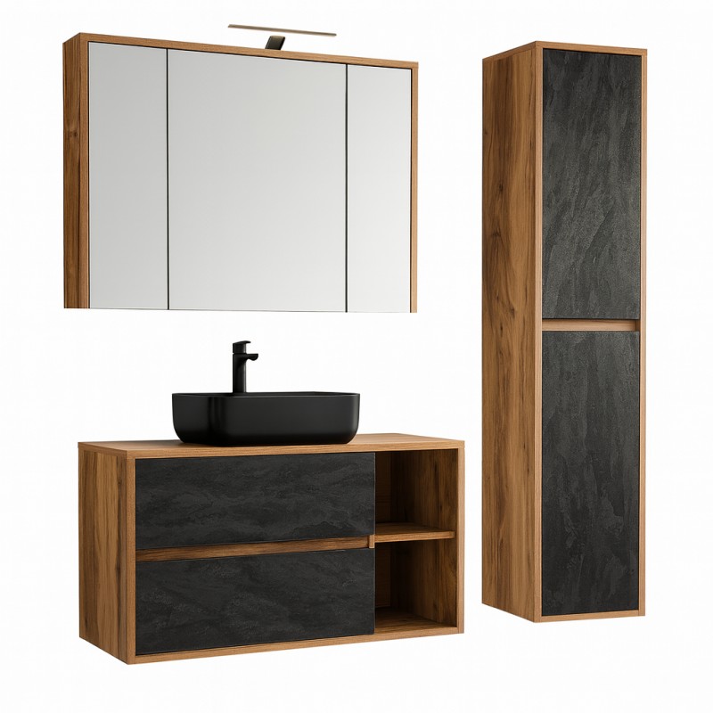 Ensemble de salle de bain GABI – Meuble sous vasque 100 cm + vasque rectangulaire noire + armoire miroir LED + colonne