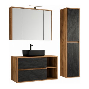 Ensemble de salle de bain GABI – Meuble sous vasque 100 cm + vasque rectangulaire noire + armoire miroir LED + colonne