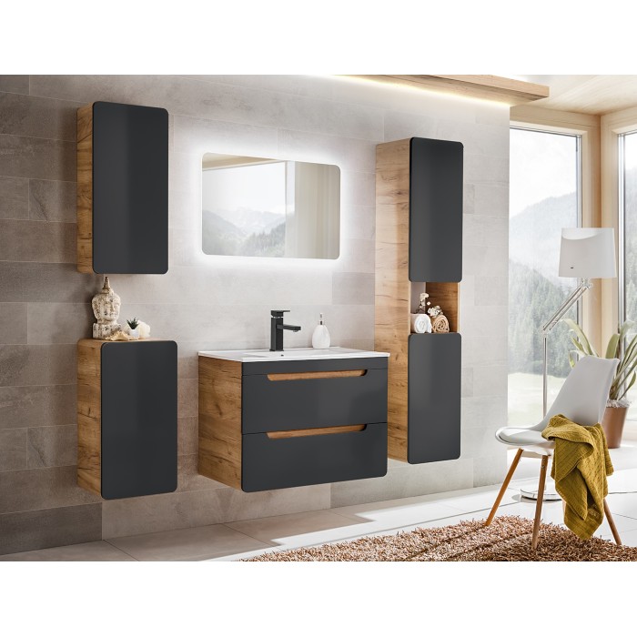 Meuble de rangement salle de bain ERBANO – 1 porte – Coloris chêne clair et gris anthracite – H68 cm – À suspendre