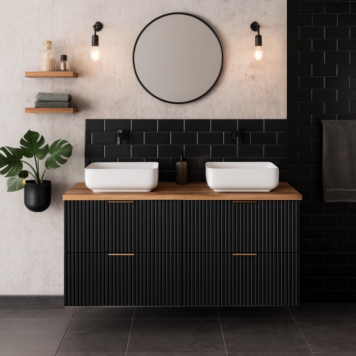 Ensemble meuble sous vasque NOXERA 120 cm – Noir mat et chêne – 2 meubles + plan vasque