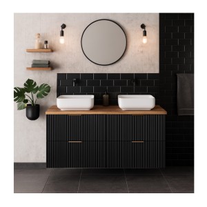Ensemble meuble sous vasque NOXERA 120 cm – Noir mat et chêne – 2 meubles + plan vasque