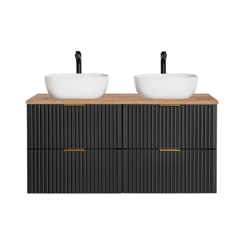 Ensemble meuble sous vasque NOXERA 140 cm – Noir mat et chêne – 2 meubles + étagère + plan vasque