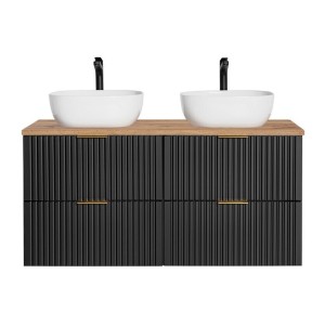 Ensemble meuble sous vasque NOXERA 140 cm – Noir mat et chêne – 2 meubles + étagère + plan vasque