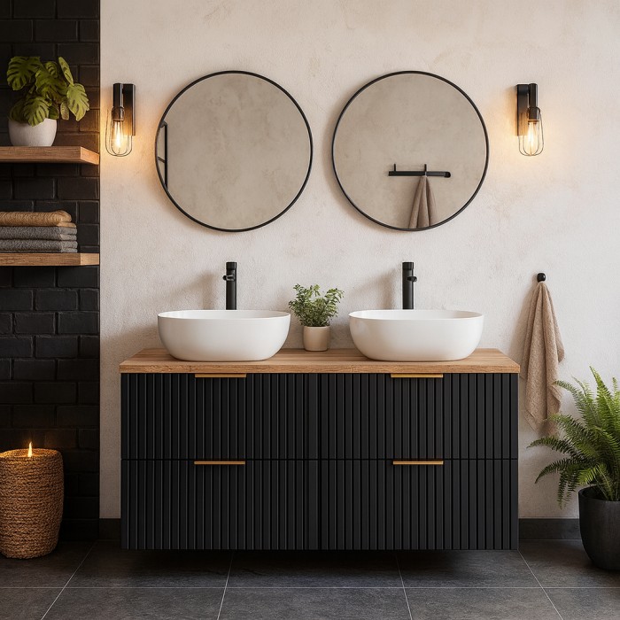 Ensemble meuble sous vasque NOXERA 140 cm – Noir mat et chêne – 2 meubles + étagère + plan vasque