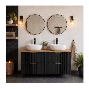 Ensemble meuble sous vasque NOXERA 140 cm – Noir mat et chêne – 2 meubles + étagère + plan vasque