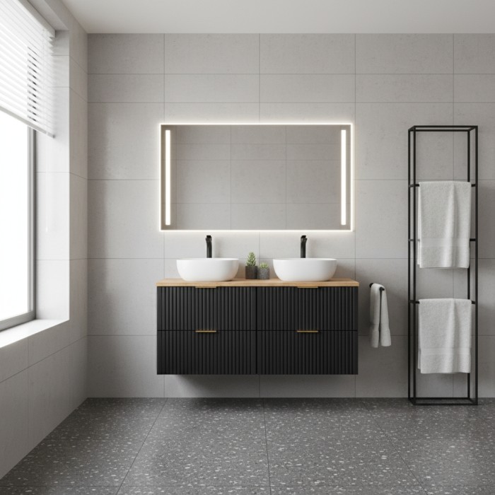 Ensemble meuble sous vasque NOXERA 140 cm – Noir mat et chêne – 2 meubles + étagère + plan vasque