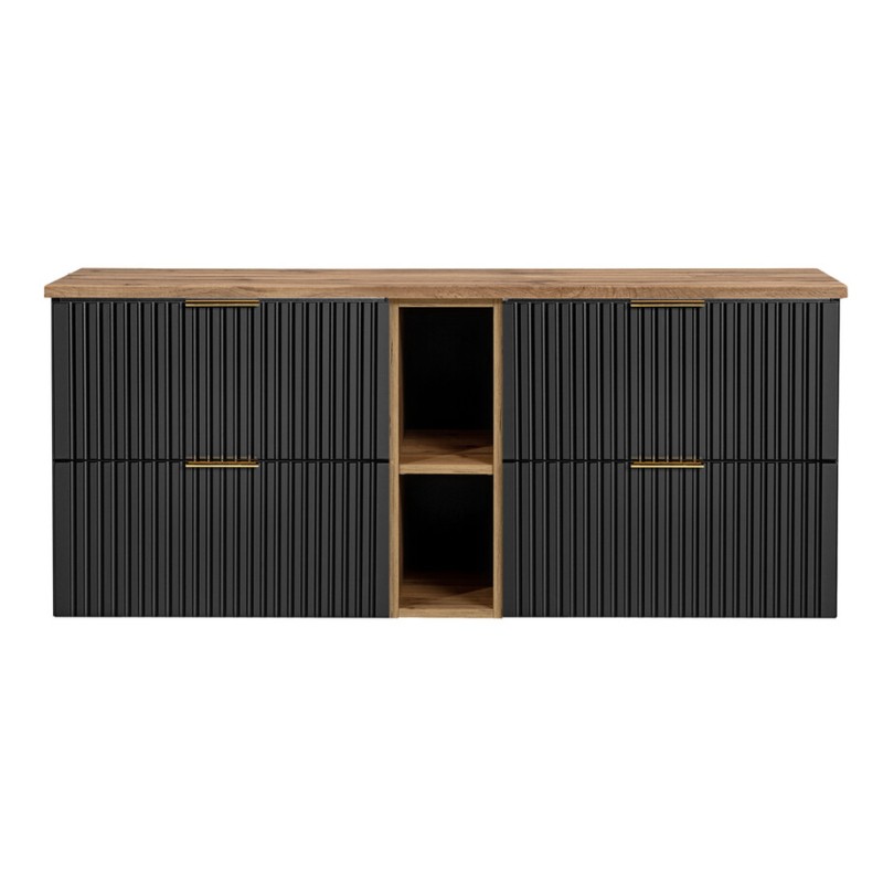 Ensemble meuble sous vasque NOXERA 140 cm – Noir mat et chêne – 2 meubles + 2 niches
