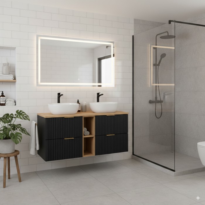 Ensemble meuble sous vasque NOXERA 140 cm – Noir mat et chêne – 2 meubles + 2 niches