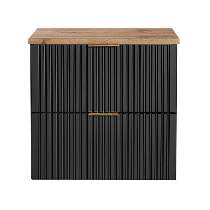 Ensemble meuble sous vasque NOXERA 60 cm – Noir mat et chêne – 2 tiroirs + plan vasque