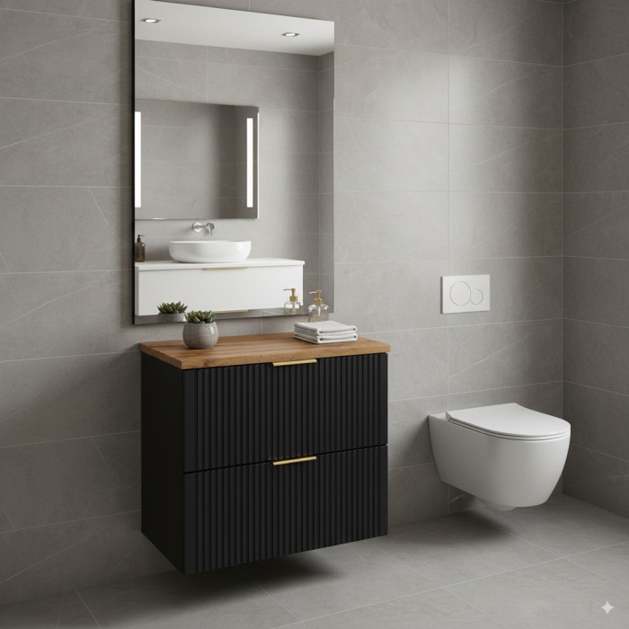 Ensemble meuble sous vasque NOXERA 60 cm – Noir mat et chêne – 2 tiroirs + plan vasque