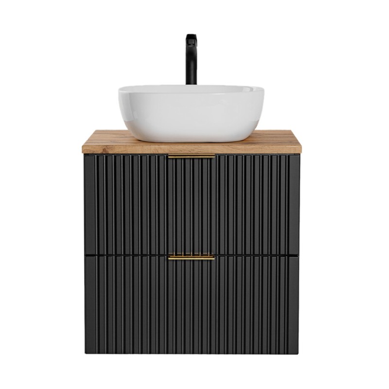 Ensemble meuble sous vasque NOXERA 60 cm – Noir mat et chêne – 2 tiroirs + plan + vasque