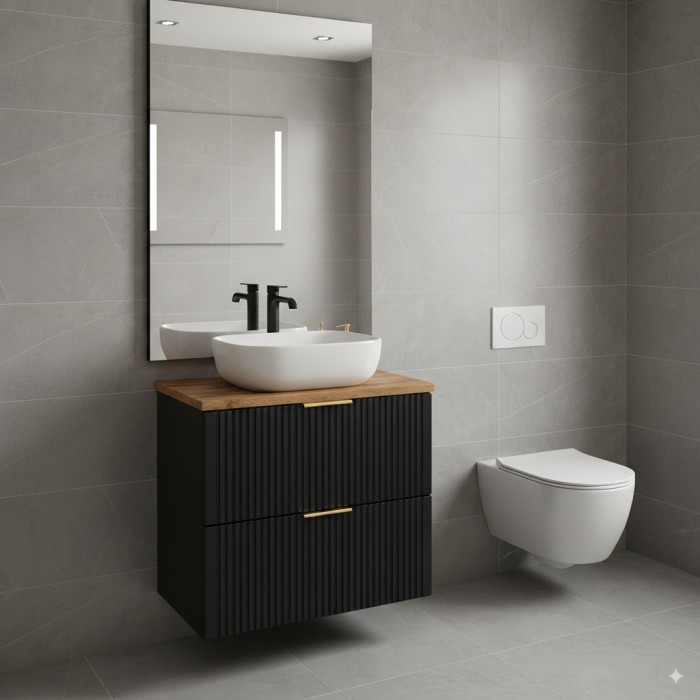 Ensemble meuble sous vasque NOXERA 60 cm – Noir mat et chêne – 2 tiroirs + plan + vasque