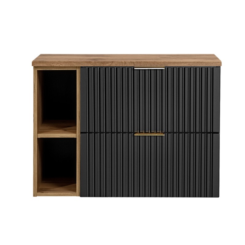 Ensemble meuble sous vasque NOXERA 80 cm – Noir mat et chêne – 2 tiroirs + 2 niches + plan vasque