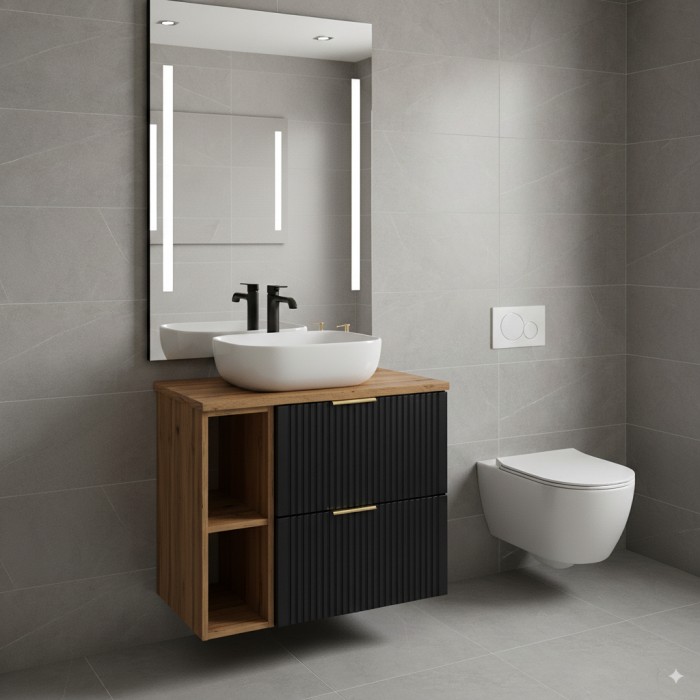 Ensemble meuble sous vasque NOXERA 80 cm – Noir mat et chêne – 2 tiroirs + 2 niches + plan vasque