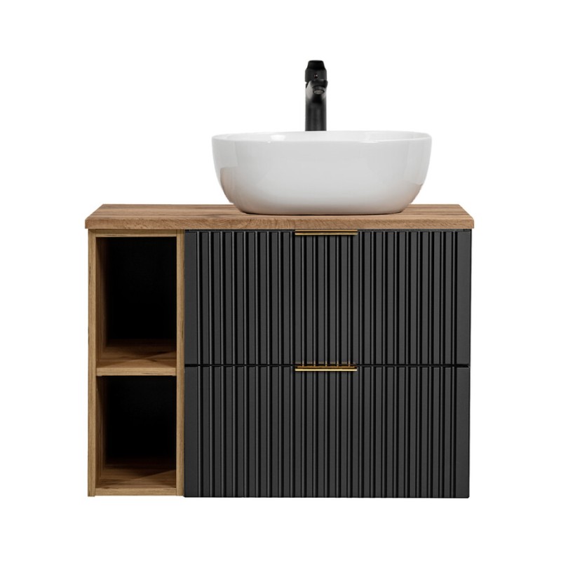 Ensemble meuble sous vasque NOXERA 80 cm – Noir mat et chêne – 2 tiroirs + 2 niches + vasque