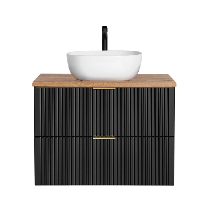 Ensemble meuble sous vasque NOXERA 80 cm – Noir mat et chêne – 2 tiroirs + 2 niches + vasque