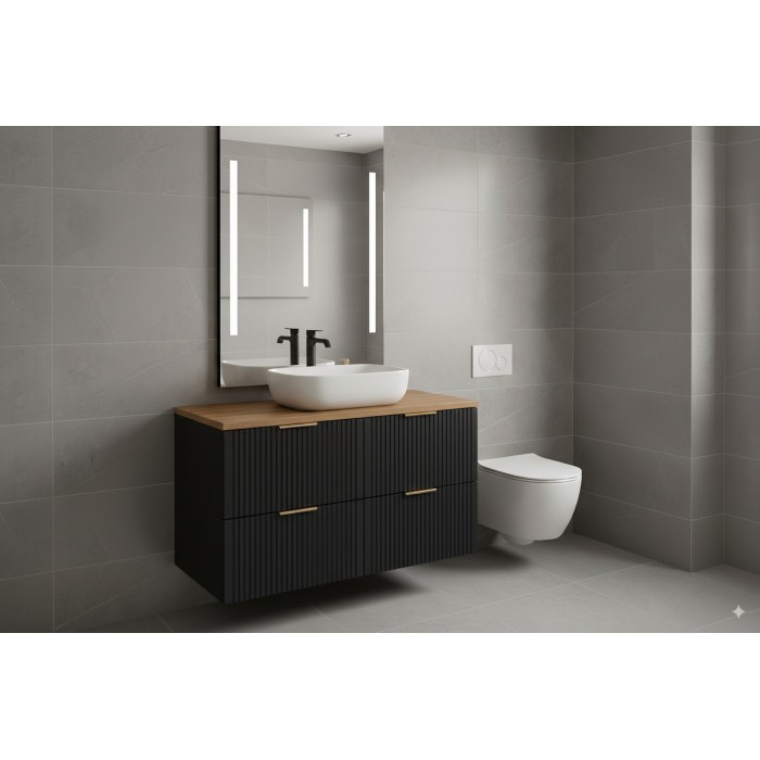 Grand meuble sous vasque NOXERA 120 cm – Noir mat – 4 tiroirs spacieux