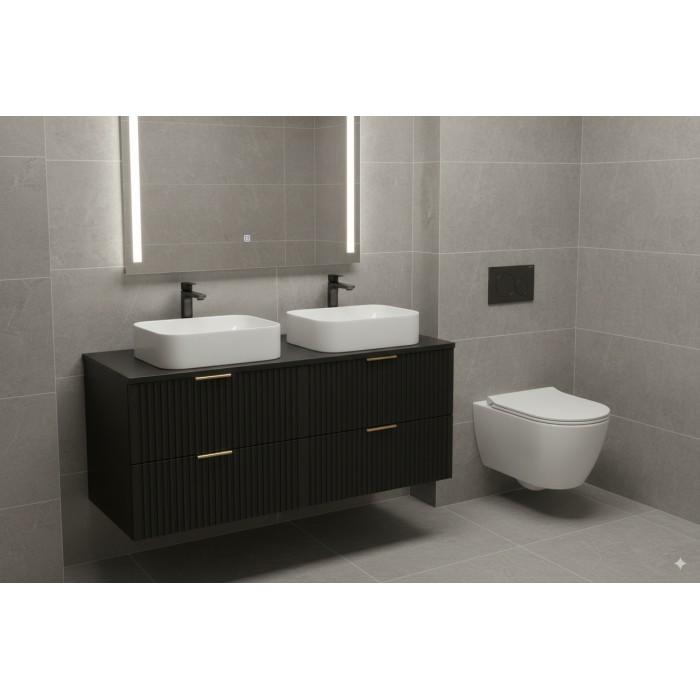 Grand meuble sous vasque NOXERA 120 cm – Noir mat – 4 tiroirs + double vasque