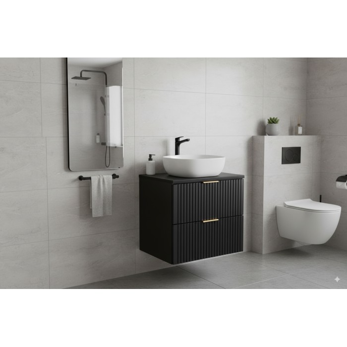 Meuble sous vasque NOXERA 60 cm – Noir mat – 2 tiroirs + plan vasque + vasque
