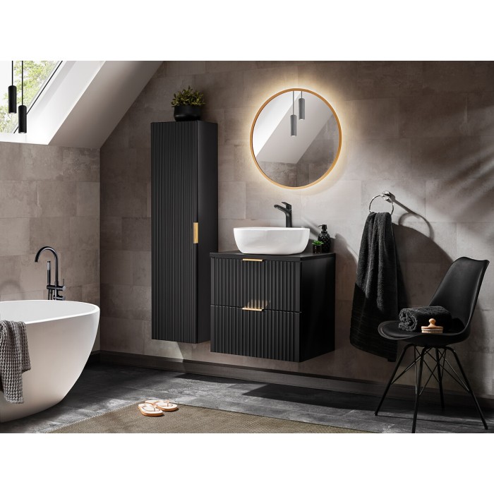 Meuble sous vasque NOXERA 60 cm – Noir mat – Vasque + miroir LED + colonne suspendue
