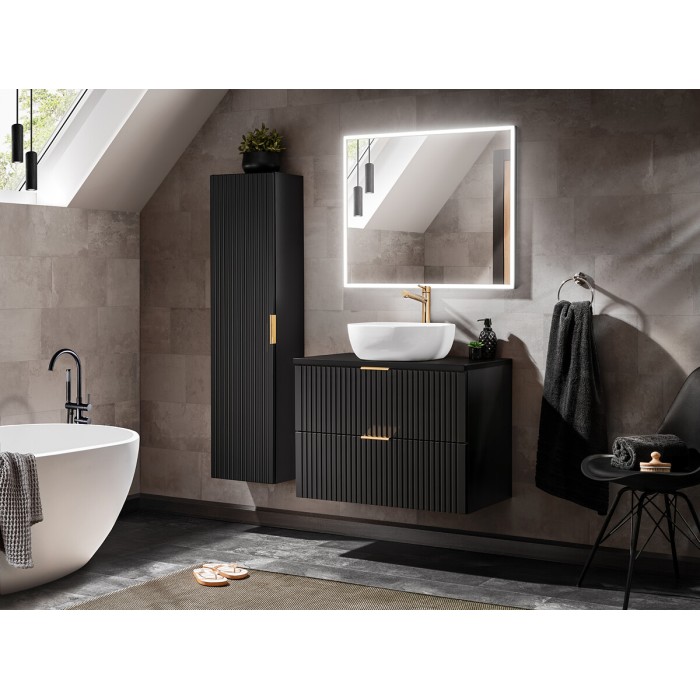 Meuble sous vasque NOXERA 80 cm – Noir mat – Vasque + miroir LED + colonne suspendue