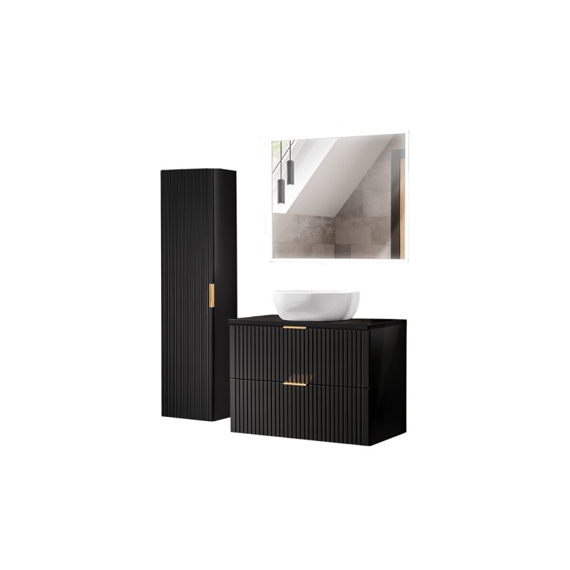 Meuble sous vasque NOXERA 80 cm – Noir mat – Vasque + miroir LED + colonne suspendue