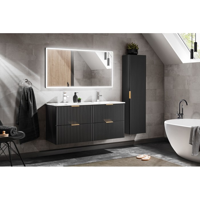 Meuble sous vasque 120 cm + double vasque encastré + syphon + colonne de sdb suspendue + Grand miroir rectangulaire avec LED
