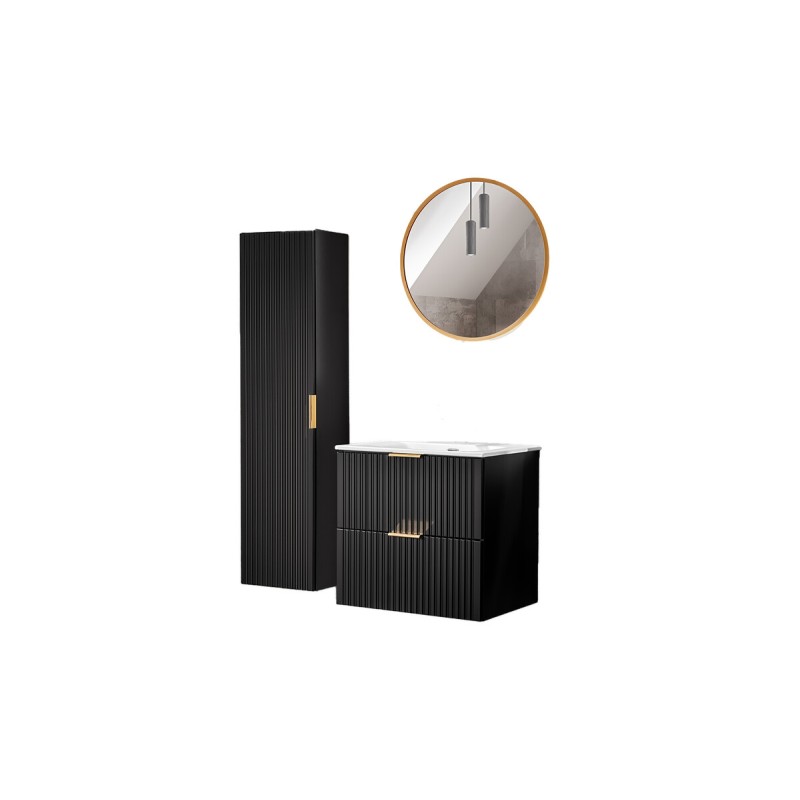 Meuble sous vasque NOXERA 60 cm – Noir mat – Vasque encastrée + miroir LED + colonne suspendue + siphon