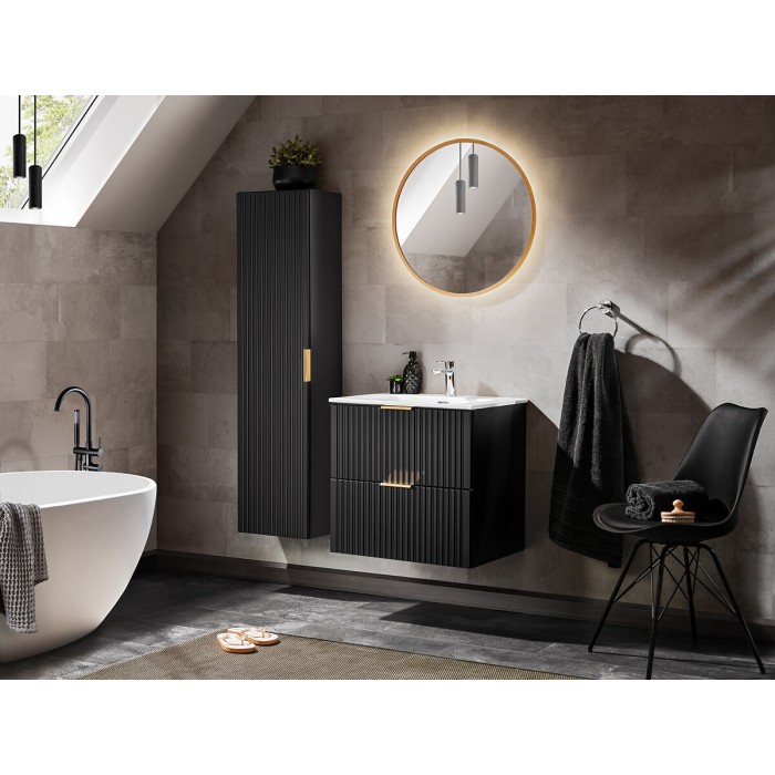 Meuble sous vasque NOXERA 60 cm – Noir mat – Vasque encastrée + miroir LED + colonne suspendue + siphon