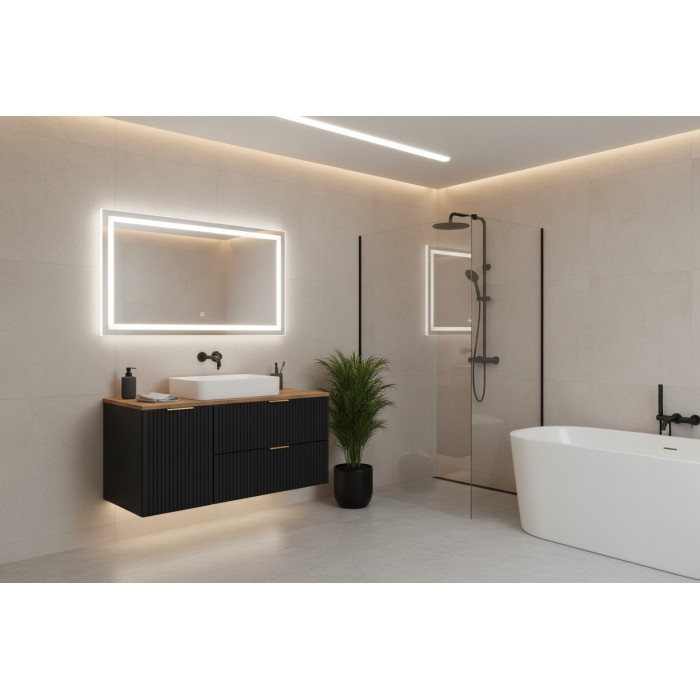 Meuble sous vasque NOXERA 100 cm – Noir mat & chêne – 2 tiroirs + porte panier + plan vasque