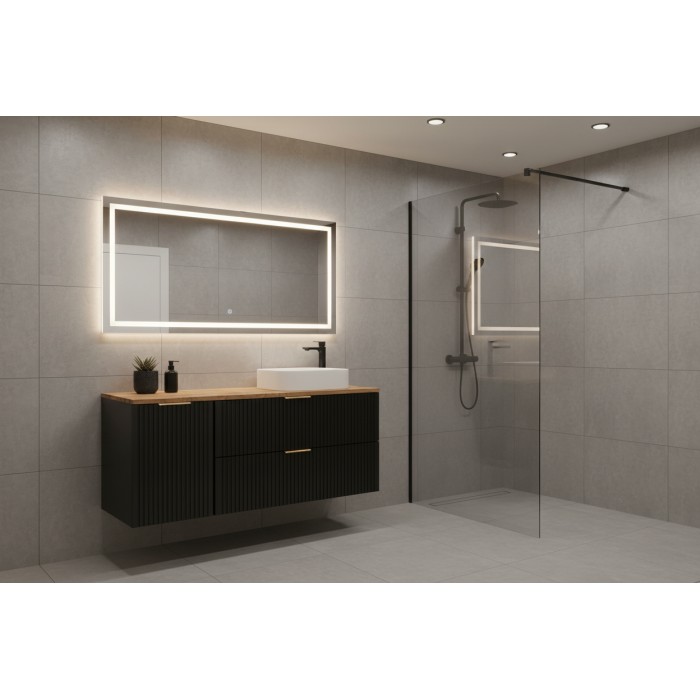 Meuble sous vasque NOXERA 120 cm – Noir mat & chêne – 2 tiroirs + porte panier + plan vasque