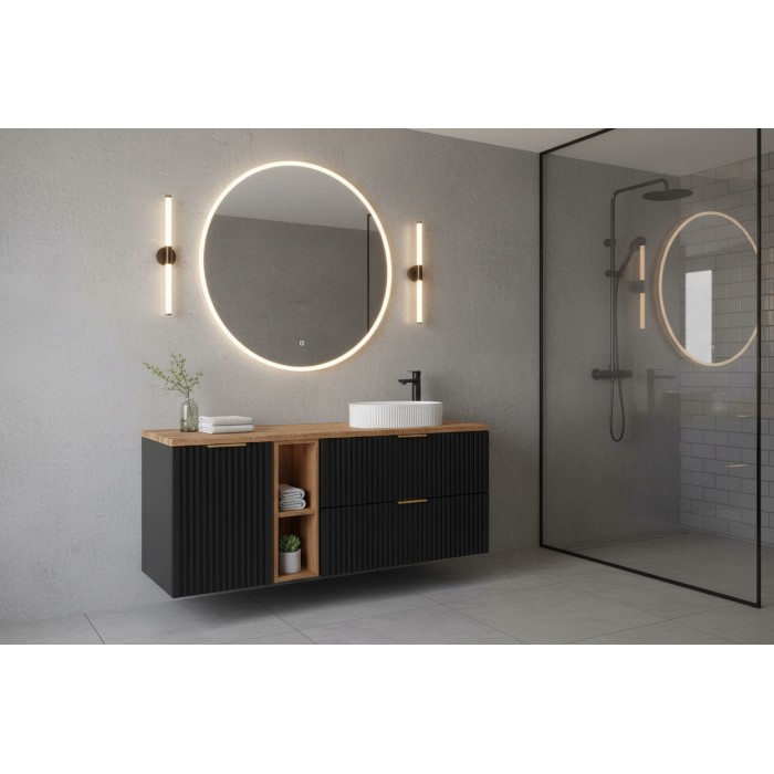 Meuble sous vasque NOXERA 140 cm – Noir mat & chêne – 2 tiroirs + porte panier + plan vasque + niches + vasque