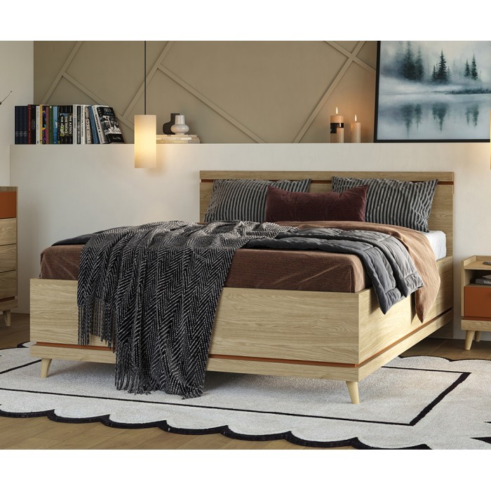 Lit NOKI – 160x200 cm chêne clair et moka – Style scandinave sans sommier