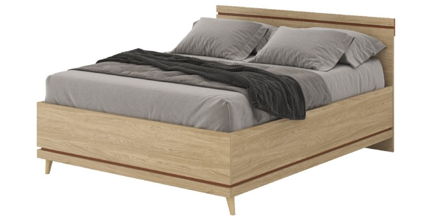 Lit coffre NOKI – 160x200 cm chêne clair et moka – Style scandinave avec sommier métal