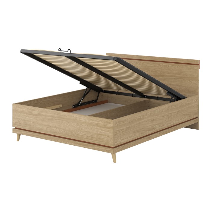 Lit coffre NOKI – 160x200 cm chêne clair et moka – Style scandinave avec sommier métal