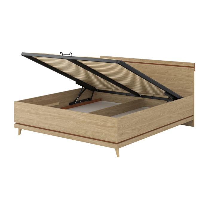 Lit coffre NOKI – 180x200 cm chêne clair et moka – Style scandinave avec sommier métal