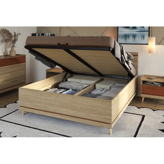Lit coffre NOKI – 180x200 cm chêne clair et moka – Style scandinave avec sommier métal