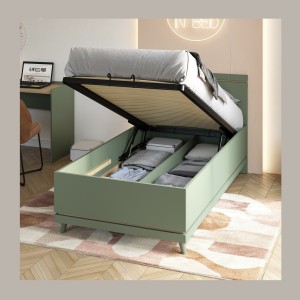 Lit coffre enfant NOKI – 100x200 cm vert et bois – Style scandinave