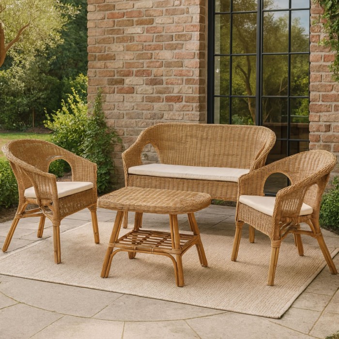 Salon de jardin en rotin collection SIENNE – Canapé 2 places, 2 fauteuils et table – Élégance naturelle et confort